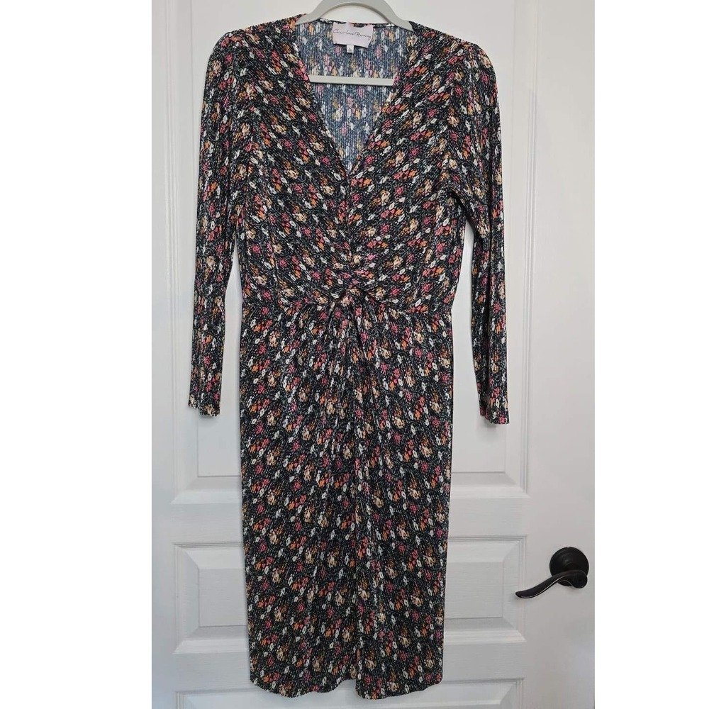 Charles Henry Floral Pleated V-Neck Twist Front Midi Dress Long Sleeve Black L